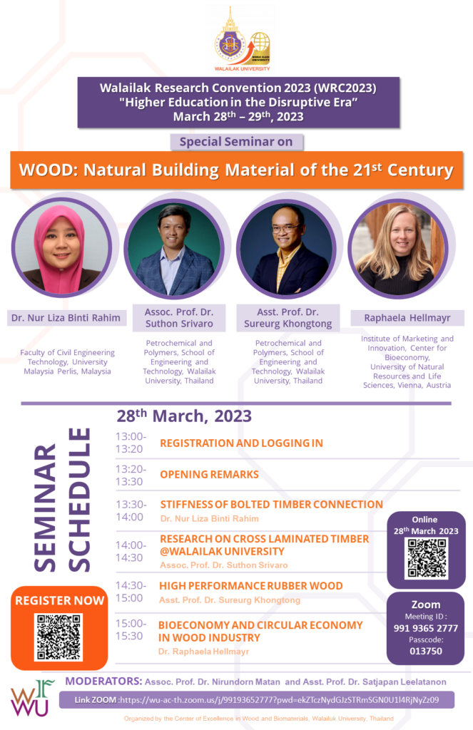 Invited to join in Walailak Research Convention 2023 (WRC2023) in the Section Wood – Natural Building Material of the 21st Century, organized by the Center of Excellence on Wood and Biomaterials.