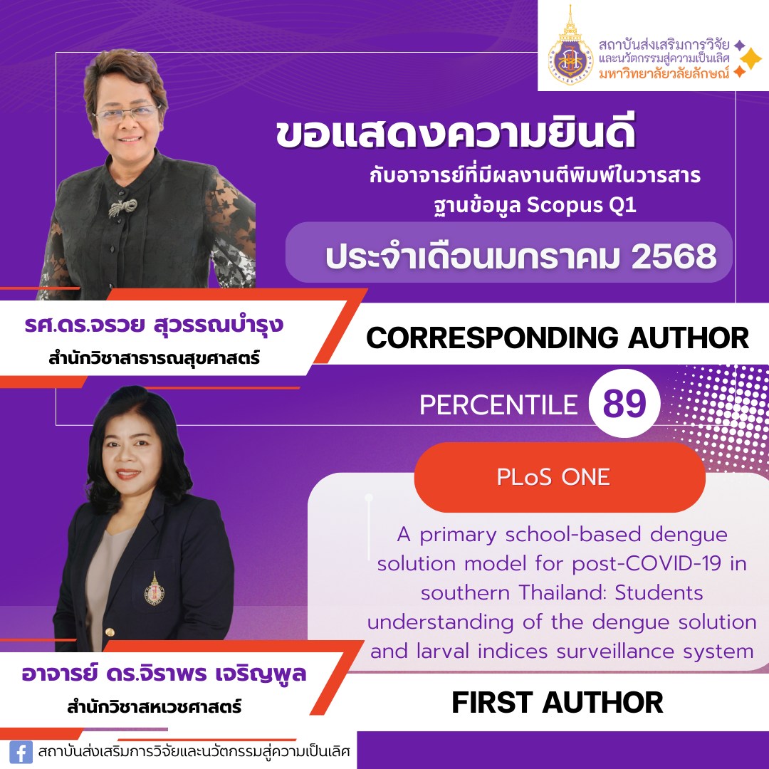 รศ.ดร.จรวย สุุวรรณบำรุง (อาจารย์ประจำสำนักวิชาสาธารณสุขศาสตร์) อาจารย์ ดร.จิราพร เจริญพูล (อาจารย์ประจำสำนักวิชาสหเวชศาสตร์)